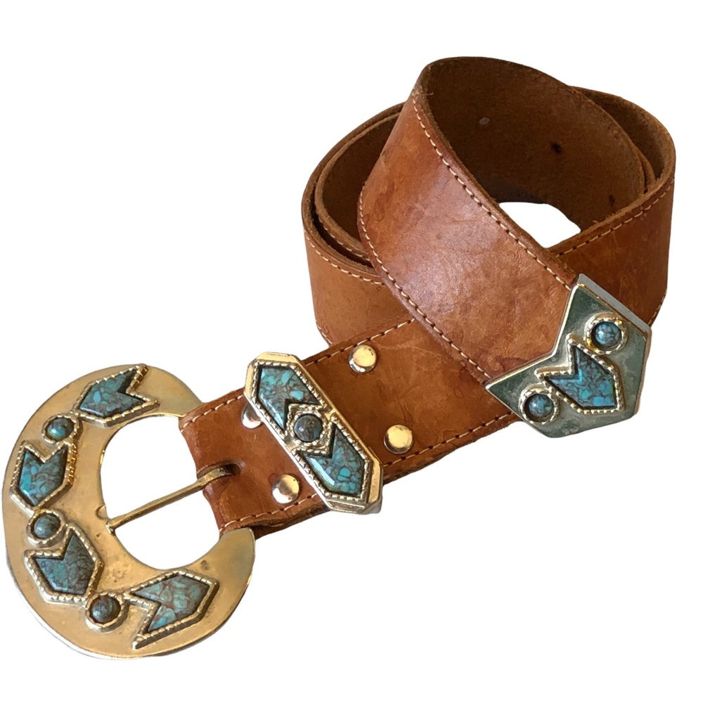 Leather Turquoise Silver Tone Western Boho Belt